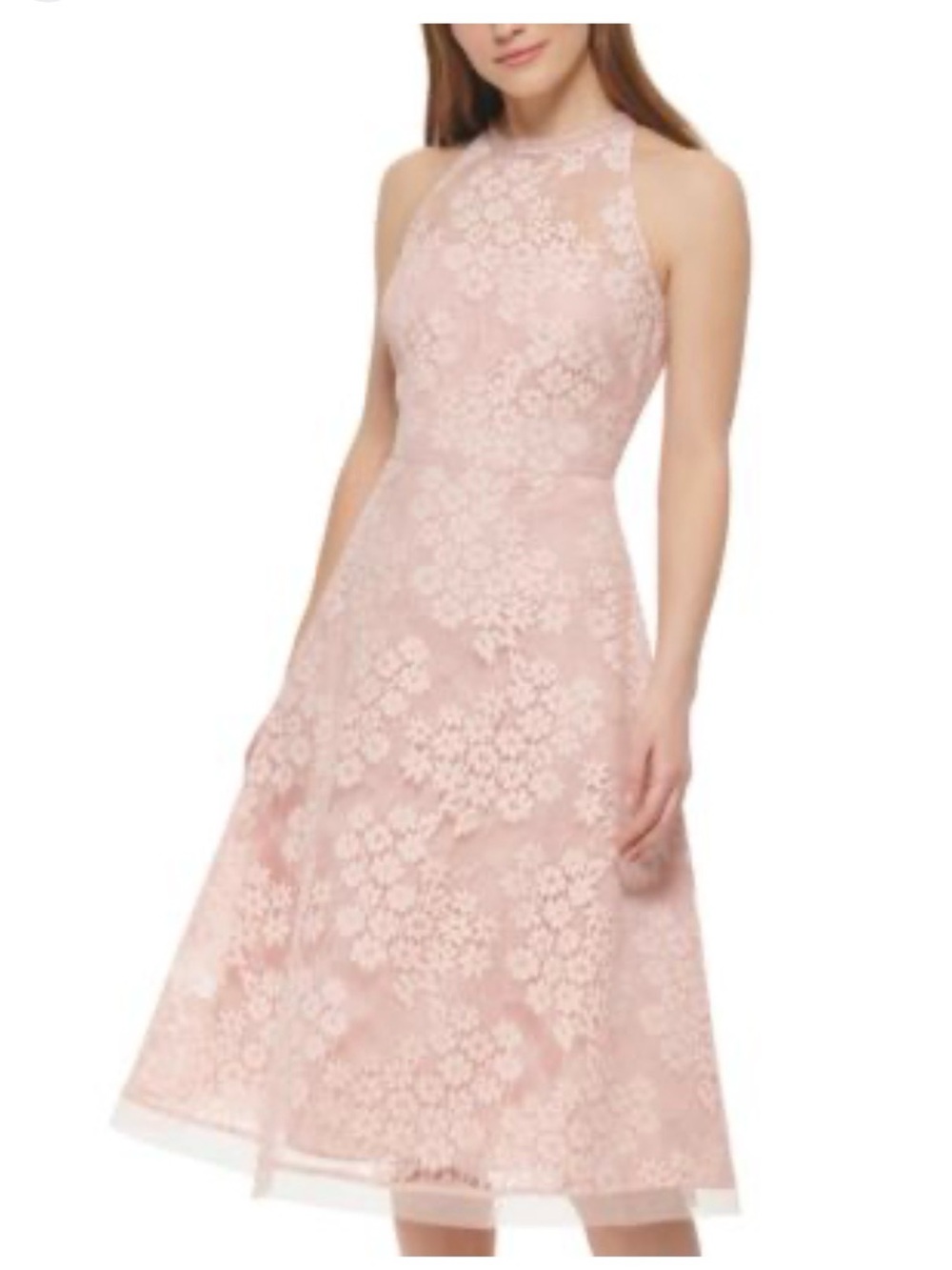 Vince Camuto Blush Pink Floral Lace Halter Midi Dress